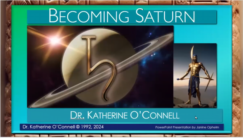 Becoming Saturn Title Slide. Saturn Symbol in gold overlays the planet Saturn. To the side, a muscular male figure holding a bladed weapon.