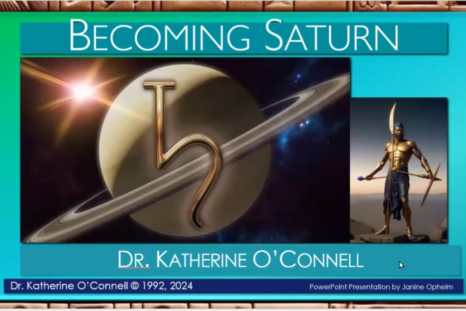 Becoming Saturn Title Slide. Saturn Symbol in gold overlays the planet Saturn. To the side, a muscular male figure holding a bladed weapon.